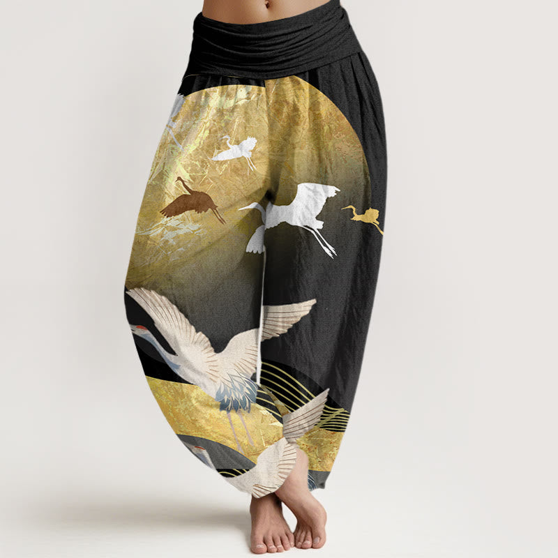 Pantaloni harem elastici in vita da donna con motivo a onde di sole e gru, motivo Buddha Stones - Nero - US22, UK/AU26, EU54 (6XL) - image 1