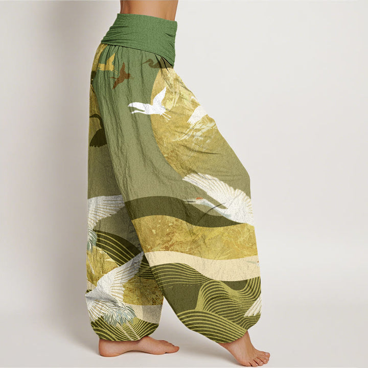 Pantaloni harem elastici in vita da donna con motivo a onde di sole e gru, motivo Buddha Stones - image 7