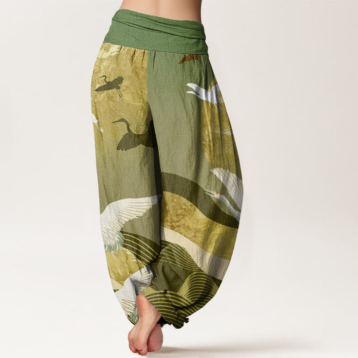 Pantaloni harem elastici in vita da donna con motivo a onde di sole e gru, motivo Buddha Stones - image 6