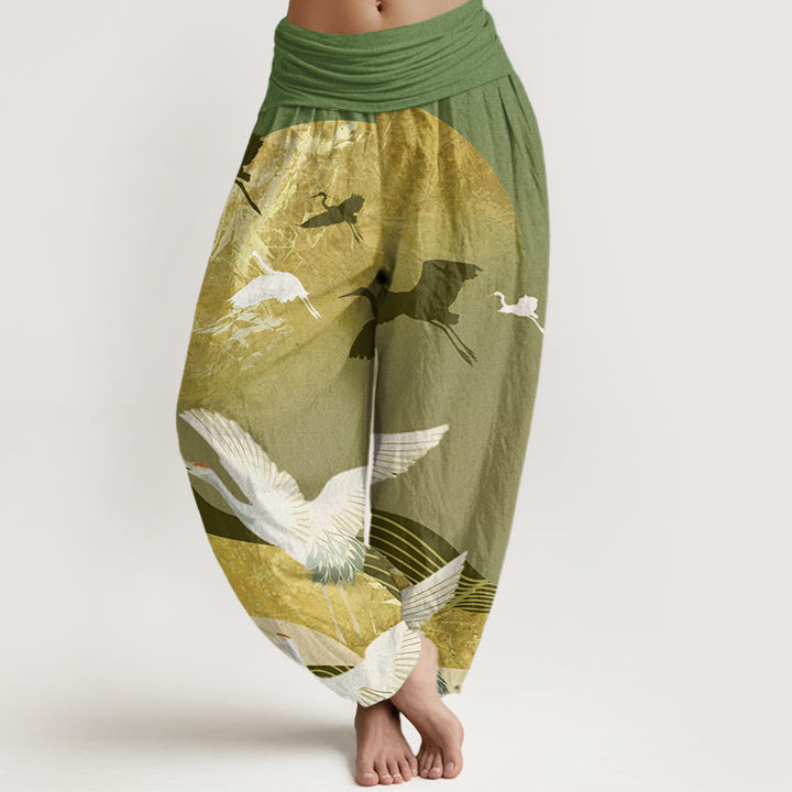Pantaloni harem elastici in vita da donna con motivo a onde di sole e gru, motivo Buddha Stones - Verde foresta - US22, UK/AU26, EU54 (6XL) - image 5