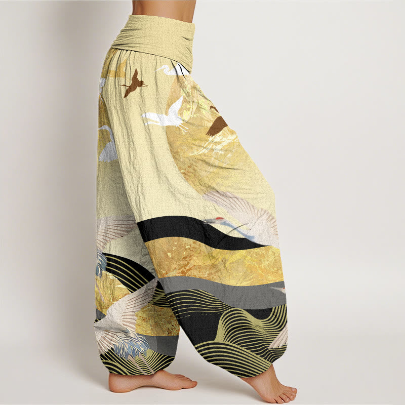Pantaloni harem elastici in vita da donna con motivo a onde di sole e gru, motivo Buddha Stones - image 10