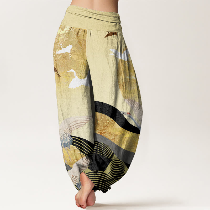 Pantaloni harem elastici in vita da donna con motivo a onde di sole e gru, motivo Buddha Stones - image 9