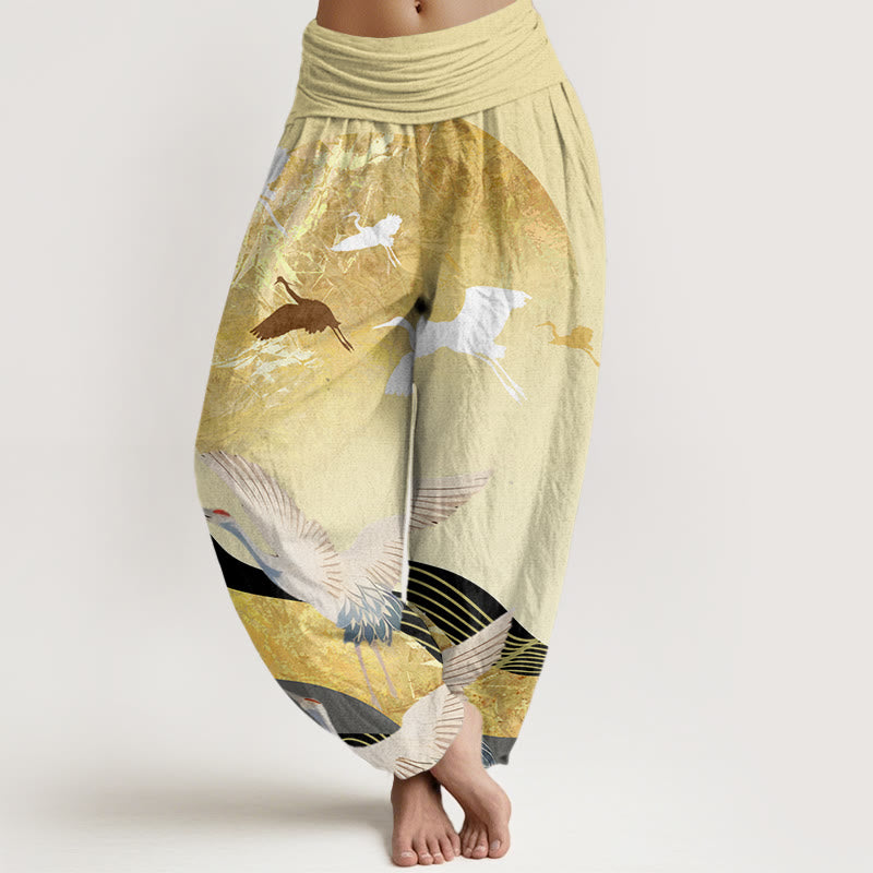Pantaloni harem elastici in vita da donna con motivo a onde di sole e gru, motivo Buddha Stones - LemonChiffon - US22, UK/AU26, EU54 (6XL) - image 8