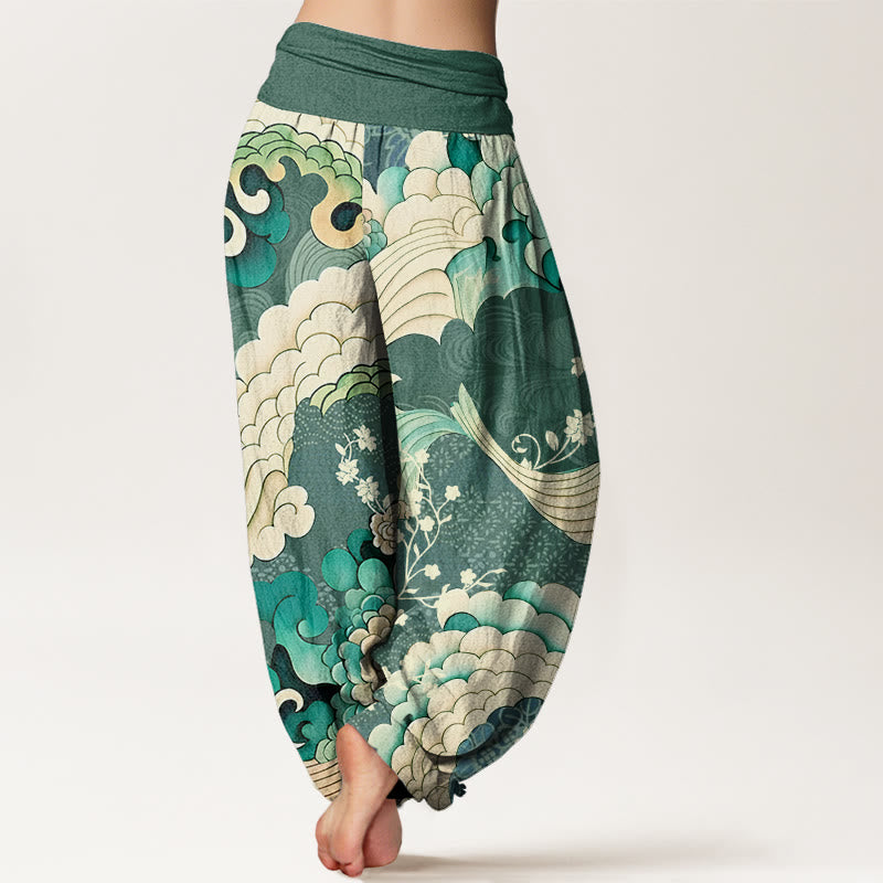 Pantaloni harem elastici in vita da donna con motivo a onde e fiori Buddha Stones - image 2
