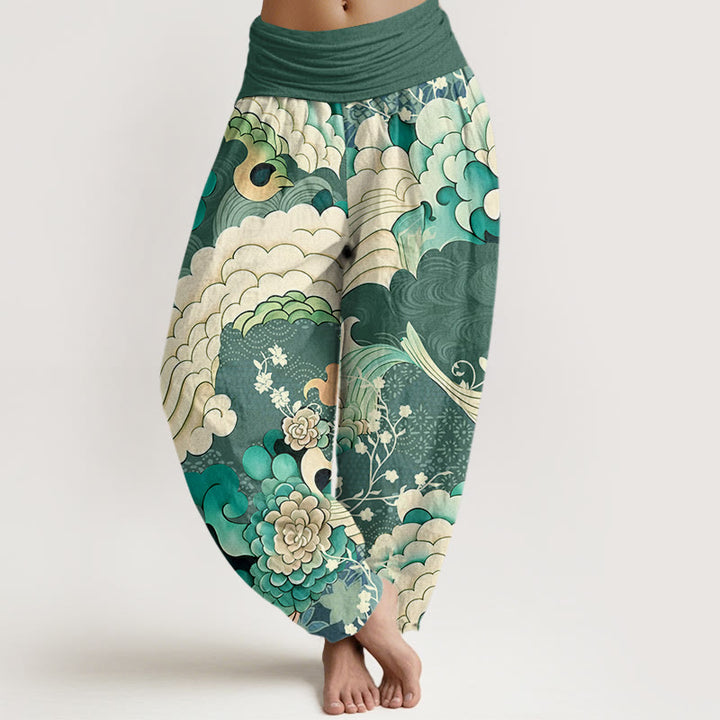 Pantaloni harem elastici in vita da donna con motivo a onde e fiori Buddha Stones - SeaGreen - US22, UK/AU26, EU54 (6XL) - image 0