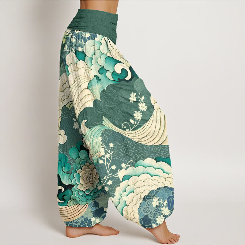 Pantaloni harem da donna con elastico in vita e motivo a onde e fiori in cotone con Buddha Stones - image 2