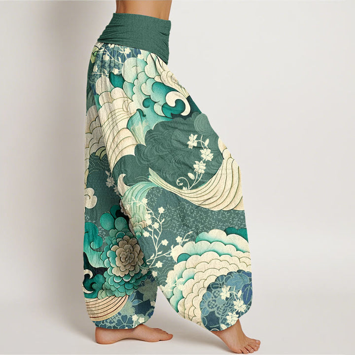 Pantaloni harem da donna con elastico in vita e motivo a onde e fiori in cotone con Buddha Stones - image 2
