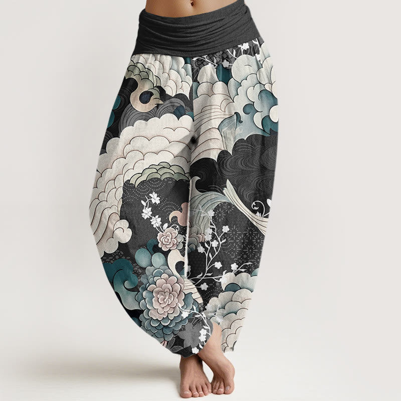 Pantaloni harem elastici in vita da donna con motivo a onde e fiori Buddha Stones - Nero - US22, UK/AU26, EU54 (6XL) - image 5
