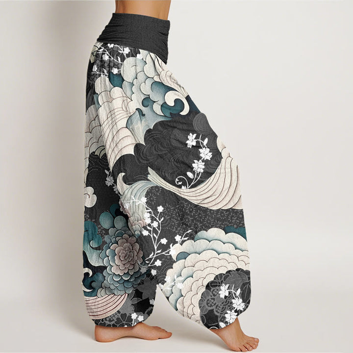 Pantaloni harem elastici in vita da donna con motivo a onde e fiori Buddha Stones - image 7