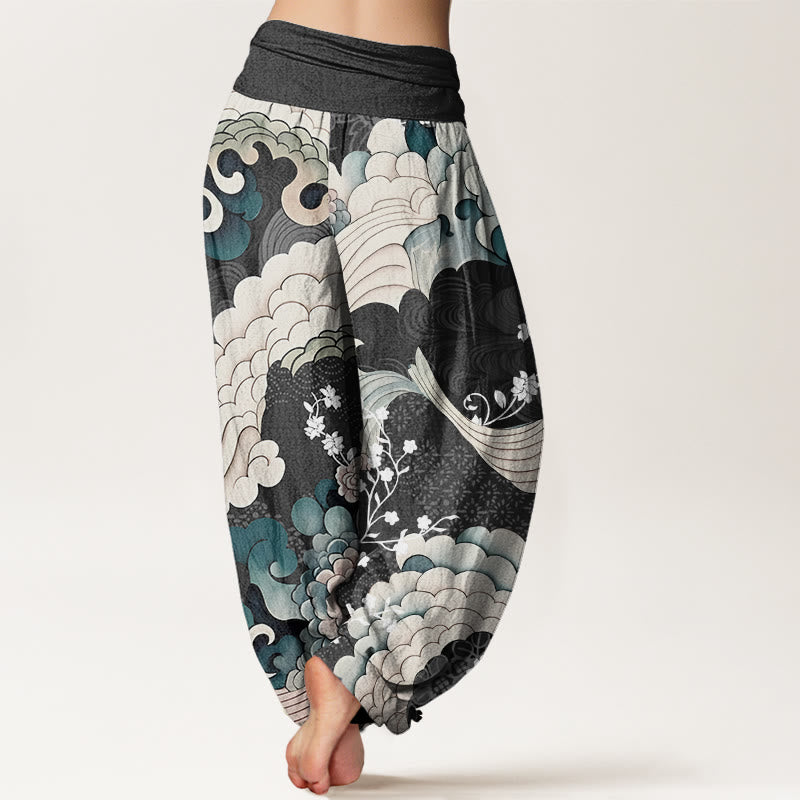 Pantaloni harem elastici in vita da donna con motivo a onde e fiori Buddha Stones - image 6