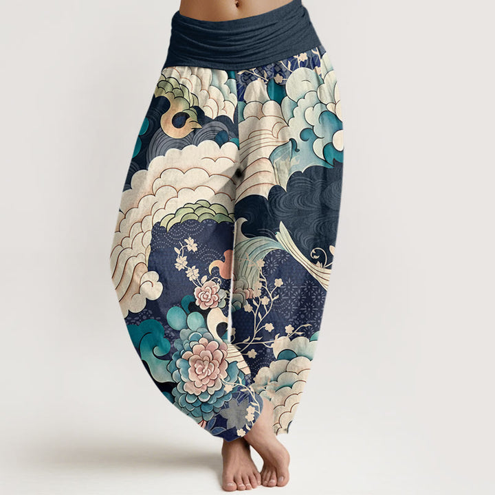 Pantaloni harem da donna con elastico in vita e motivo a onde e fiori in cotone con Buddha Stones - Blu notte - US22, UK/AU26, EU54 (6XL) - image 7