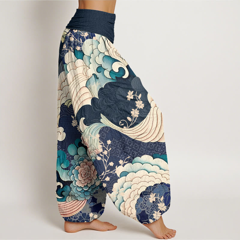 Pantaloni harem da donna con elastico in vita e motivo a onde e fiori in cotone con Buddha Stones - image 9