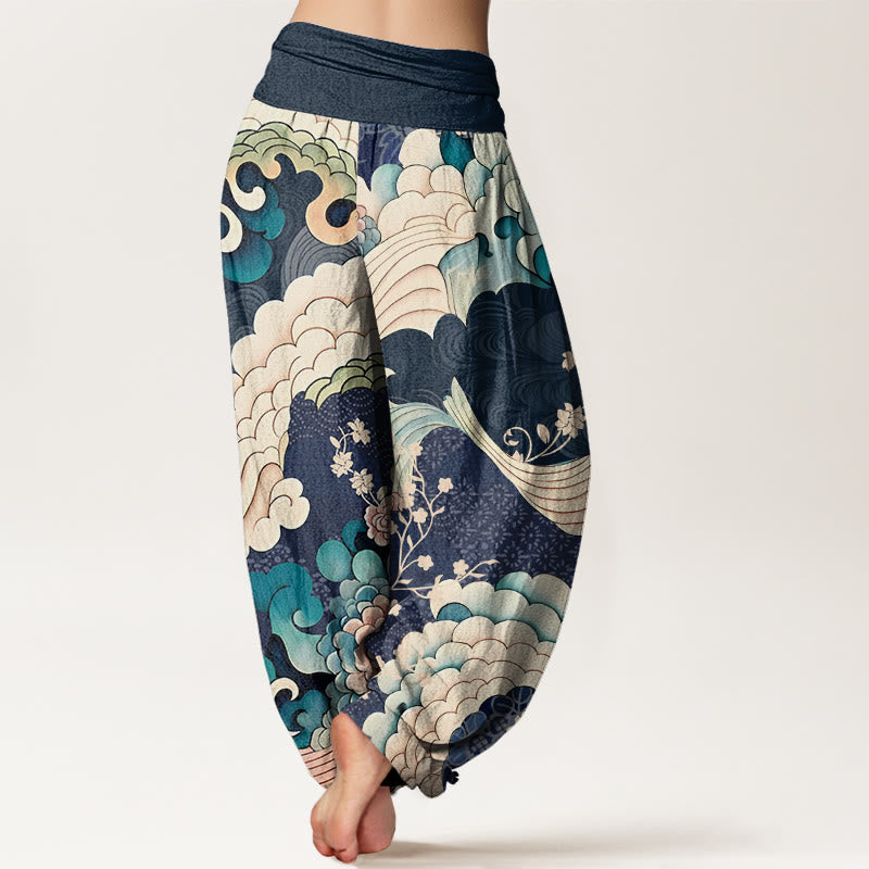 Pantaloni harem elastici in vita da donna con motivo a onde e fiori Buddha Stones - image 9