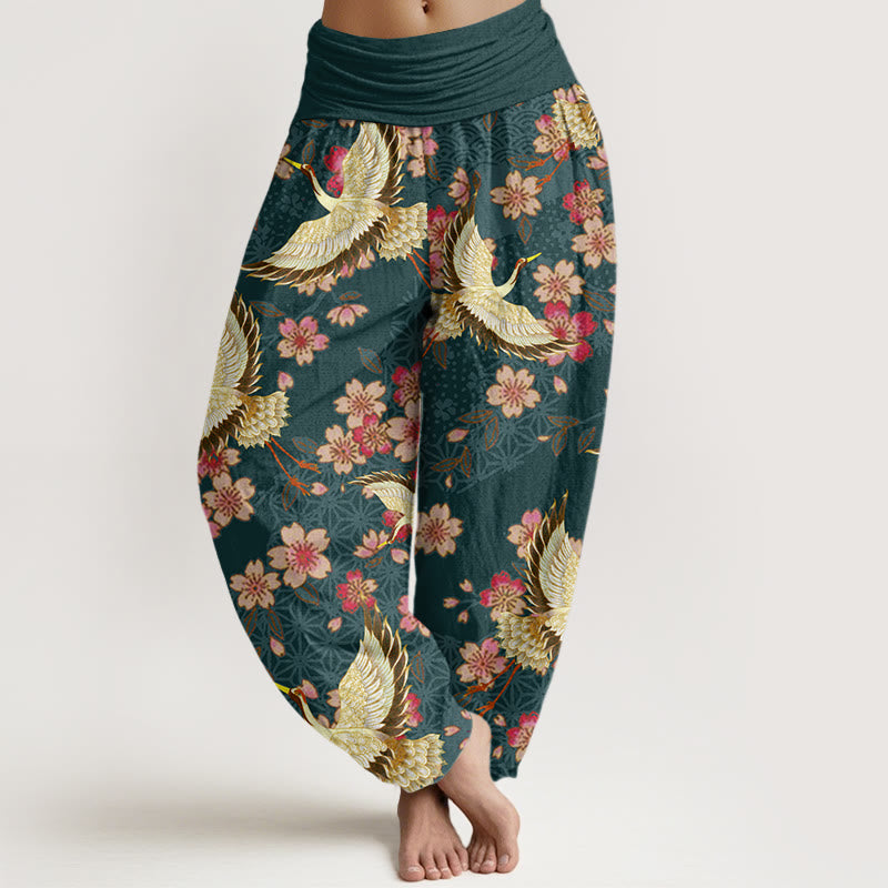 Pantaloni harem elastici in vita da donna con motivo a fiori di pesco e gru Buddha Stones - Verde scuro - US22, UK/AU26, EU54 (6XL) - image 1