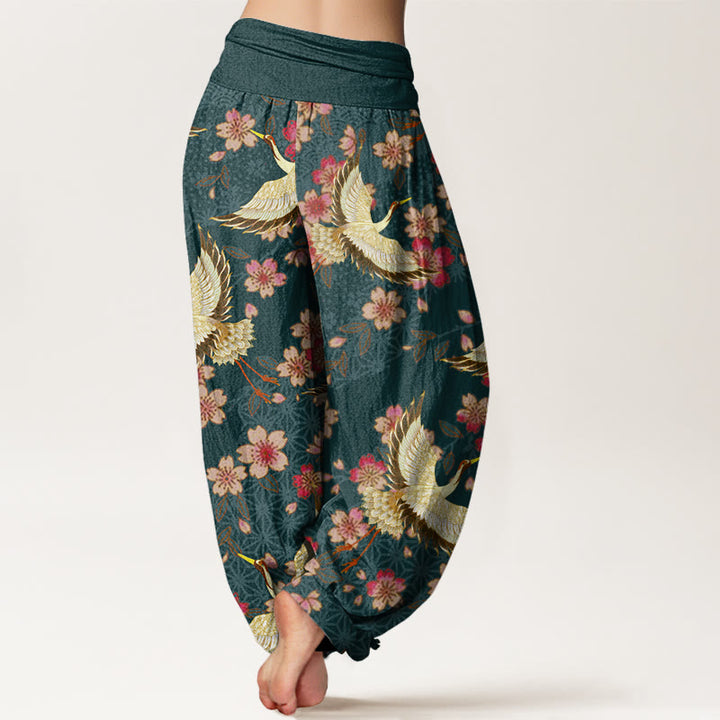 Pantaloni harem elastici in vita da donna con motivo a fiori di pesco e gru Buddha Stones - image 2