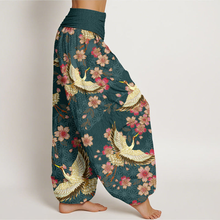 Pantaloni harem elastici in vita da donna con motivo a fiori di pesco e gru Buddha Stones - image 3