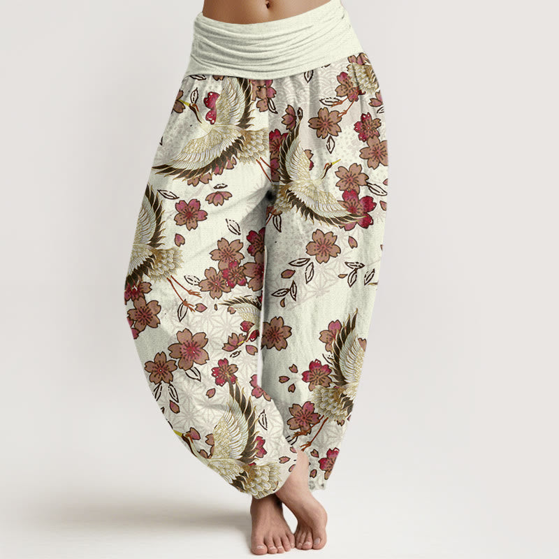 Pantaloni harem elastici in vita da donna con motivo a fiori di pesco e gru Buddha Stones - Seta di mais - US22, UK/AU26, EU54 (6XL) - image 5
