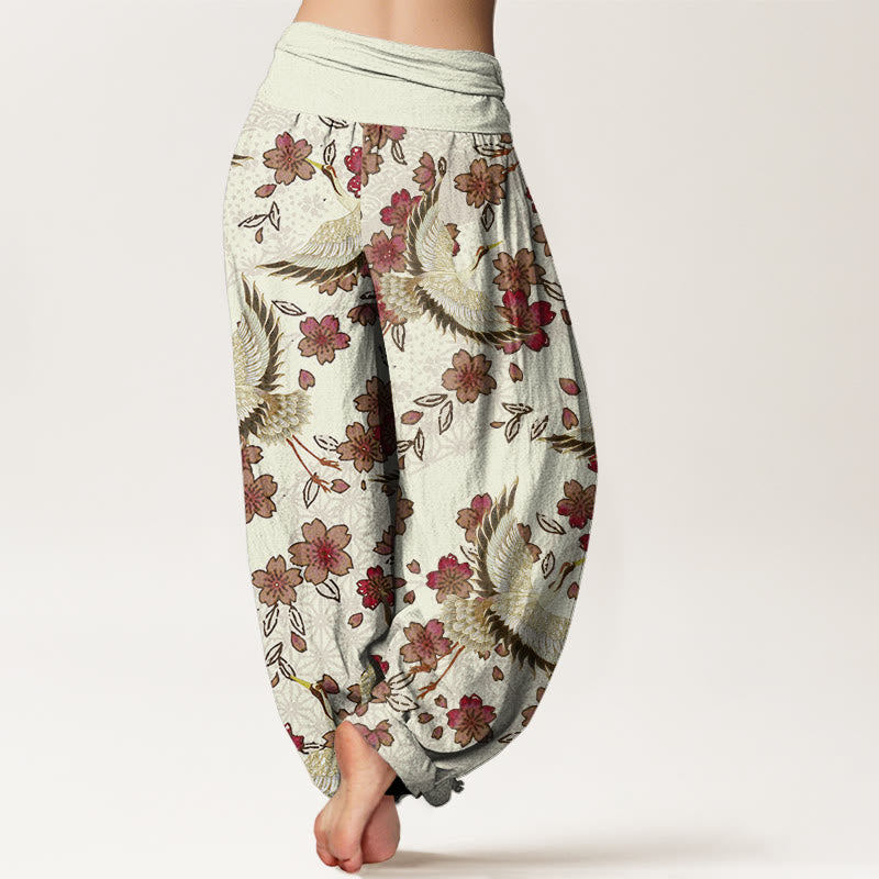 Pantaloni harem elastici in vita da donna con motivo a fiori di pesco e gru Buddha Stones - image 6