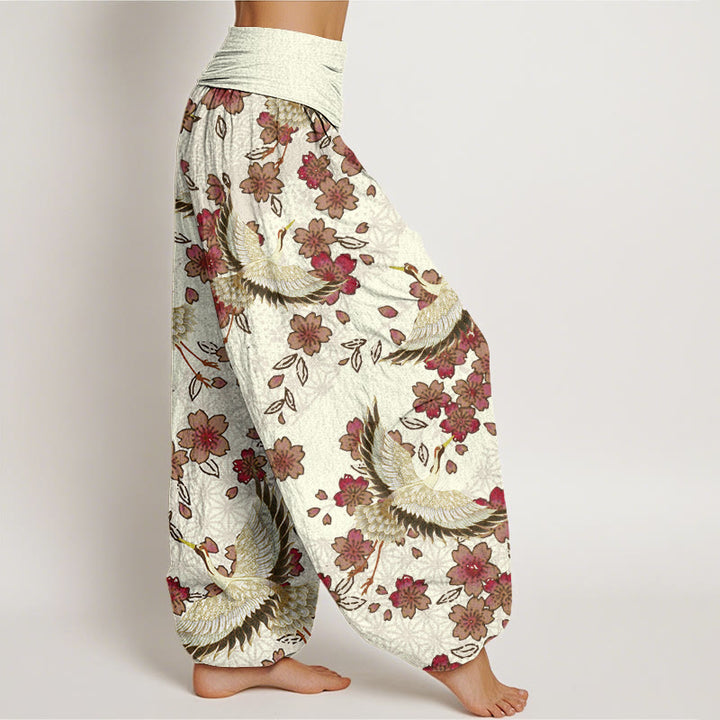 Pantaloni harem elastici in vita da donna con motivo a fiori di pesco e gru Buddha Stones - image 7