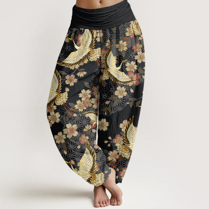 Pantaloni harem elastici in vita da donna con motivo a fiori di pesco e gru Buddha Stones - Nero - US22, UK/AU26, EU54 (6XL) - image 8