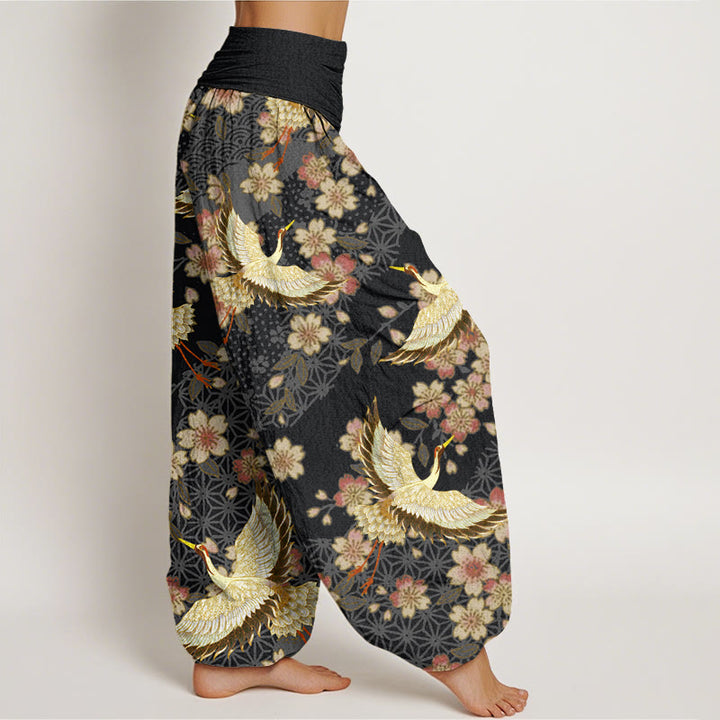 Pantaloni harem elastici in vita da donna con motivo a fiori di pesco e gru Buddha Stones - image 10