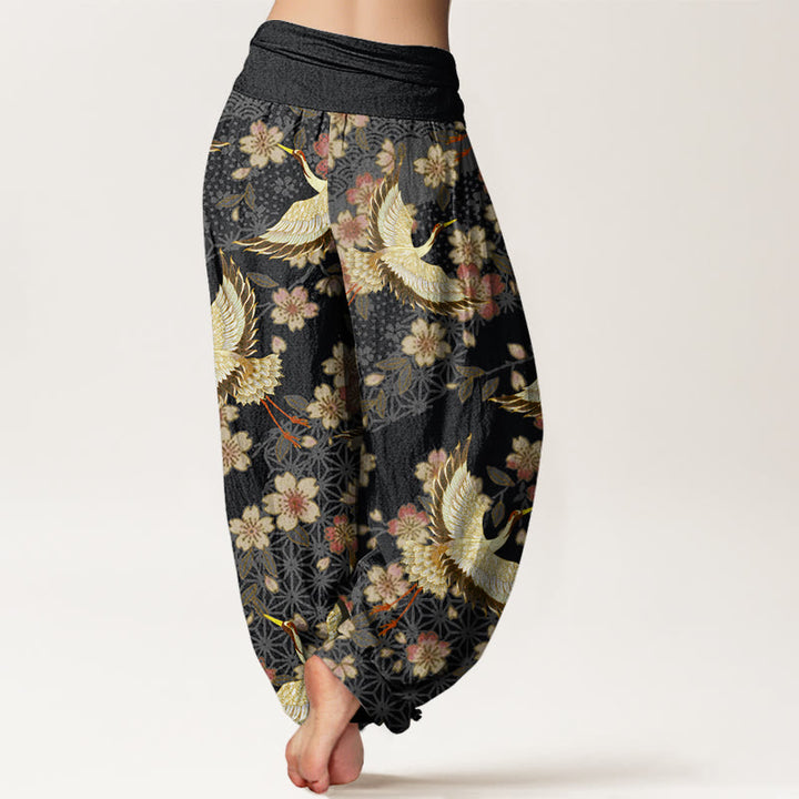 Pantaloni harem elastici in vita da donna con motivo a fiori di pesco e gru Buddha Stones - image 9