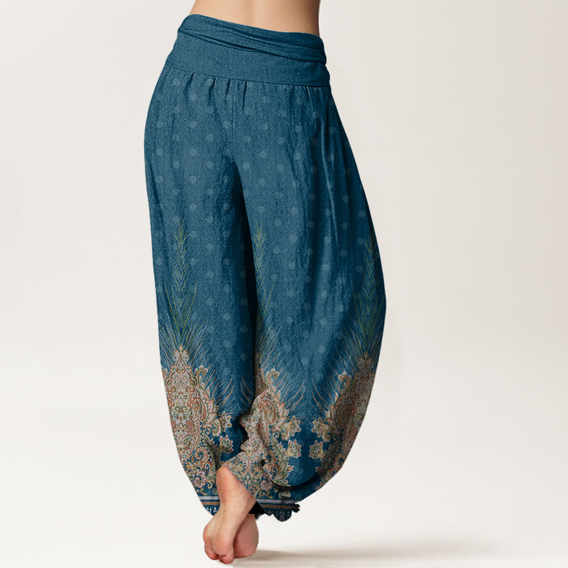 Pantaloni harem da donna con elastico in vita, in cotone, con motivo etnico a pavone e floreale, motivo Buddha Stones - image 1