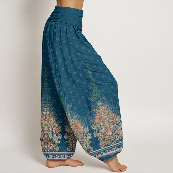 Pantaloni harem da donna con elastico in vita, in cotone, con motivo etnico a pavone e floreale, motivo Buddha Stones - image 2