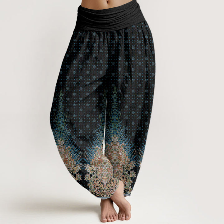 Pantaloni harem con elastico in vita da donna, motivo floreale e pavone etnico Buddha Stones - Nero - US22, UK/AU26, EU54 (6XL) - image 8