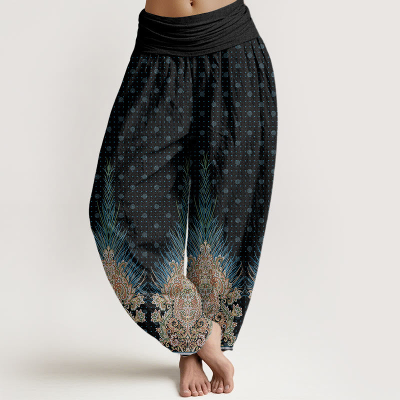 Pantaloni harem da donna con elastico in vita, in cotone, con motivo etnico a pavone e floreale, motivo Buddha Stones - Nero - US22, UK/AU26, EU54 (6XL) - image 7