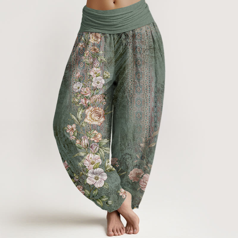 Pantaloni harem da donna con elastico in vita, in cotone, con motivo etnico floreale e totem, motivo etnico Buddha Stones - Verdemare medio - US22, UK/AU26, EU54 (6XL) - image 0
