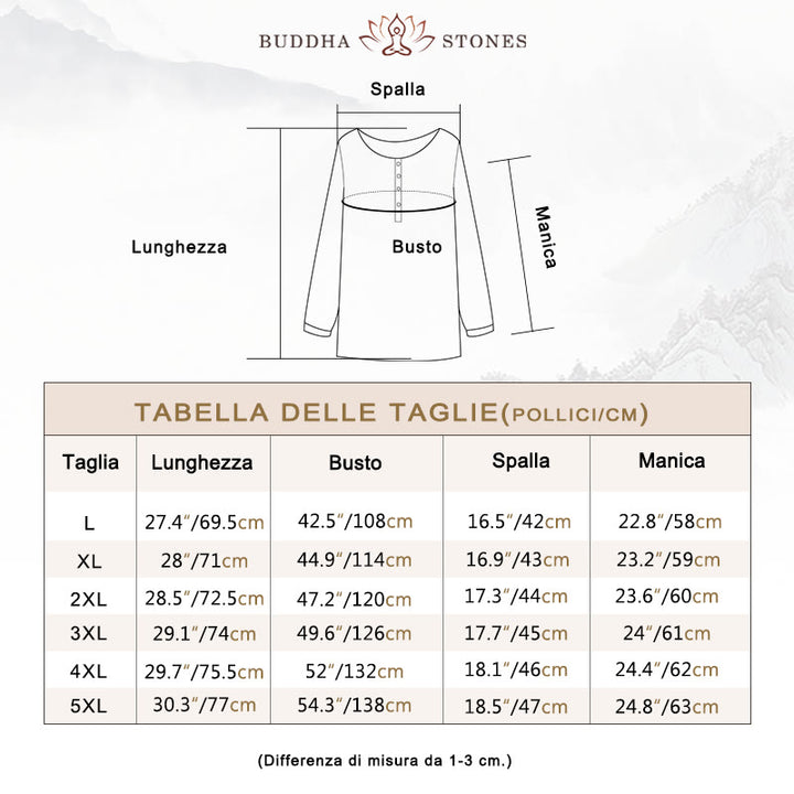 Camicia da donna in cotone e lino con scollo rotondo e maniche lunghe a pieghe casual con Buddha Stones - image 4