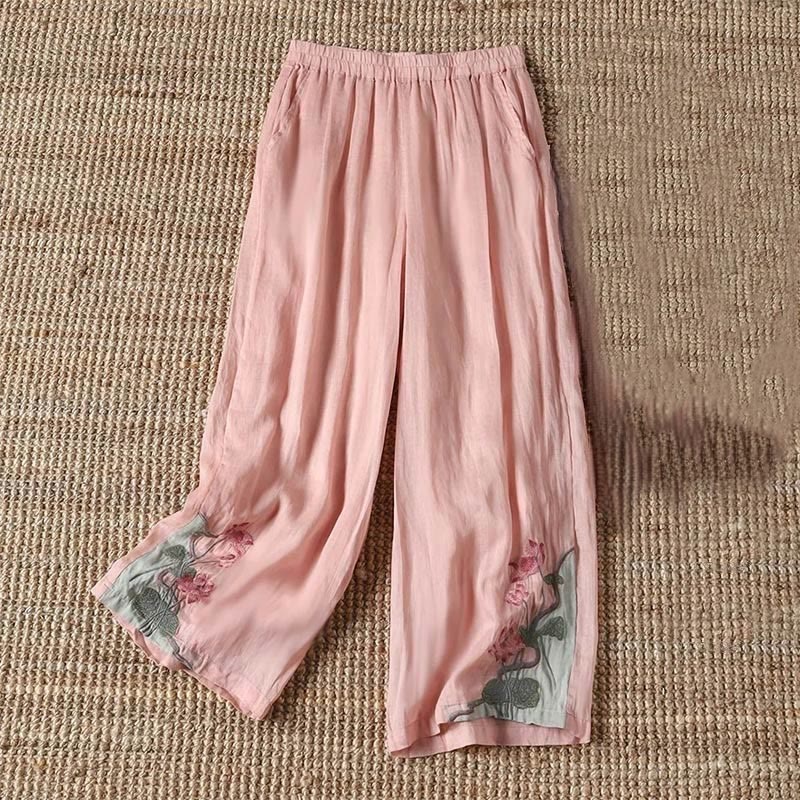 Pantaloni a gamba larga da donna con tasche, motivo a fiore di loto, motivo a foglia di loto, ricamo estivo Buddha Stones - Rosa chiaro - US14, UK/AU18, EU46 (4XL) - image 2