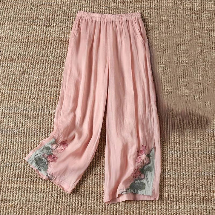 Pantaloni a gamba larga da donna con tasche, motivo a fiore di loto, motivo a foglia di loto, ricamo estivo Buddha Stones - Rosa chiaro - US14, UK/AU18, EU46 (4XL) - image 2