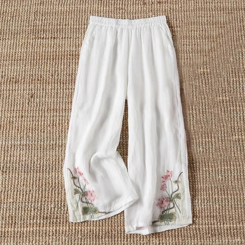 Pantaloni a gamba larga da donna con tasche, motivo a fiore di loto, motivo a foglia di loto, ricamo estivo Buddha Stones - Bianco - US14, UK/AU18, EU46 (4XL) - image 1
