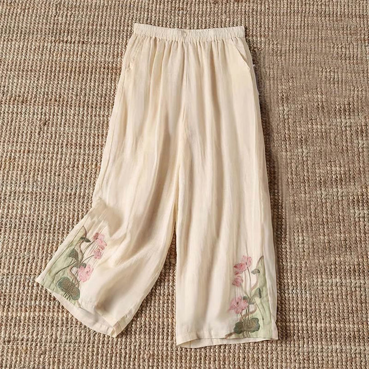 Pantaloni a gamba larga da donna con tasche, motivo a fiore di loto, motivo a foglia di loto, ricamo estivo Buddha Stones - Giallo chiaro verga d'oro - US14, UK/AU18, EU46 (4XL) - image 0