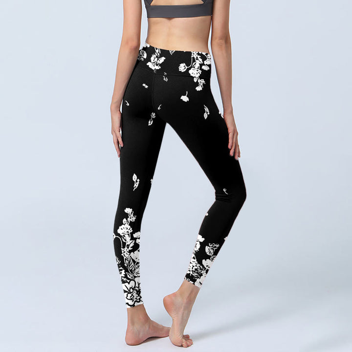 Leggings da palestra con stampa di petali sparsi neri Buddha Stones da donna, pantaloni da yoga