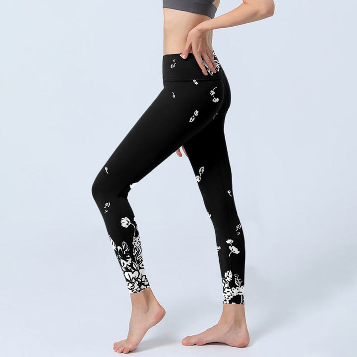 Leggings da palestra con stampa di petali sparsi neri Buddha Stones da donna, pantaloni da yoga