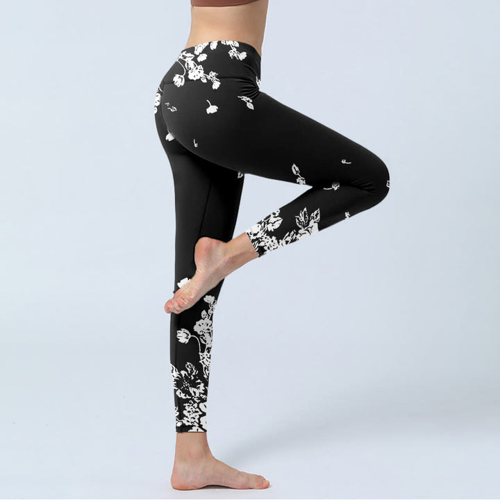 Leggings da palestra con stampa di petali sparsi neri Buddha Stones da donna, pantaloni da yoga