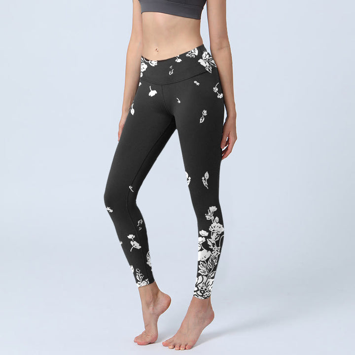 Leggings da palestra con stampa di petali sparsi neri Buddha Stones da donna, pantaloni da yoga