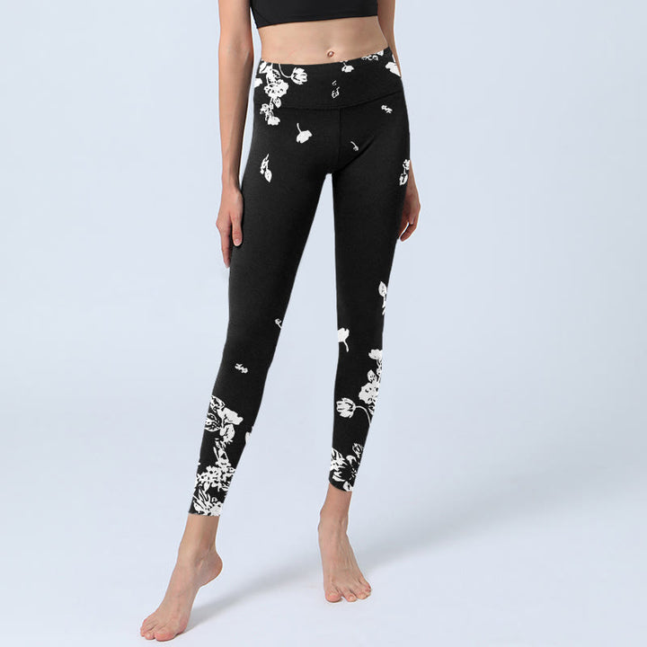 Leggings da palestra con stampa di petali sparsi neri Buddha Stones da donna, pantaloni da yoga