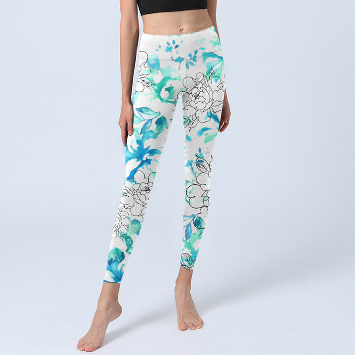 Leggings da palestra con stampa a motivi Buddha Stones Blue Watercolor Peony Flowers Lines Pantaloni da yoga da donna