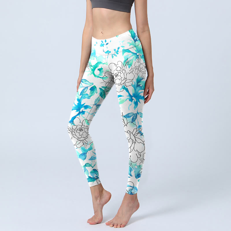 Leggings da palestra con stampa a motivi Buddha Stones Blue Watercolor Peony Flowers Lines Pantaloni da yoga da donna - AliceBlue - US18, UK/AU22, EU50 (4XL) - image 0