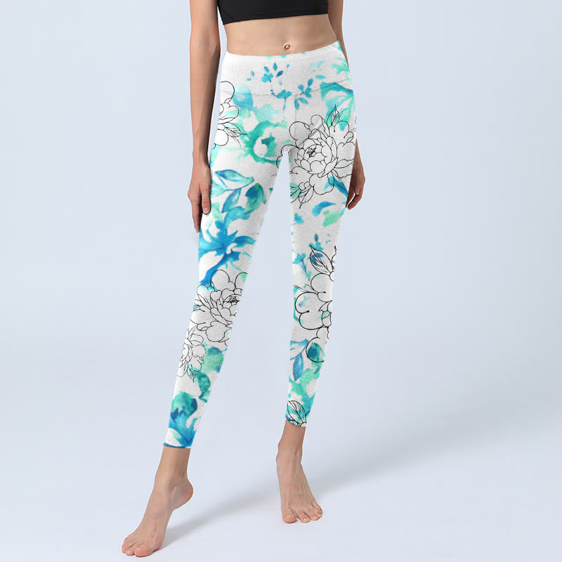 Leggings da palestra con stampa a motivi Buddha Stones Blue Watercolor Peony Flowers Lines Pantaloni da yoga da donna - image 6