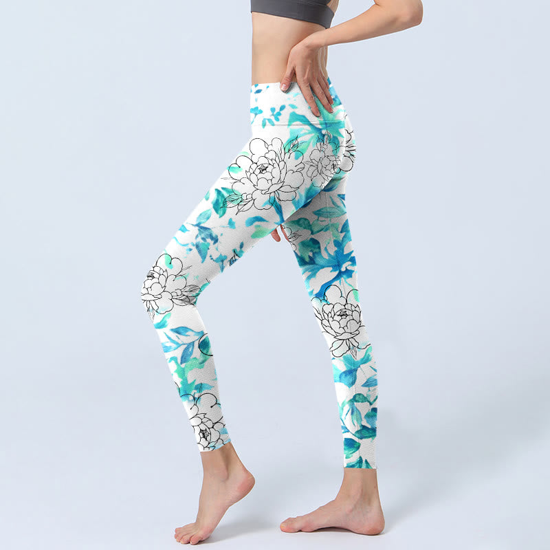 Leggings da palestra con stampa a motivi Buddha Stones Blue Watercolor Peony Flowers Lines Pantaloni da yoga da donna
