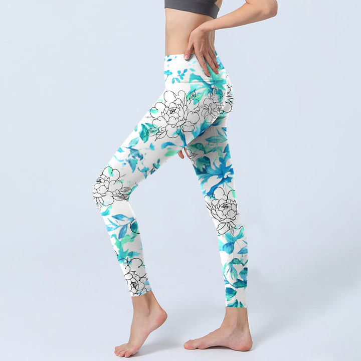 Leggings da palestra con stampa a motivi Buddha Stones Blue Watercolor Peony Flowers Lines Pantaloni da yoga da donna