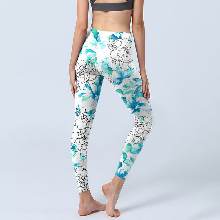 Leggings da palestra con stampa a motivi Buddha Stones Blue Watercolor Peony Flowers Lines Pantaloni da yoga da donna