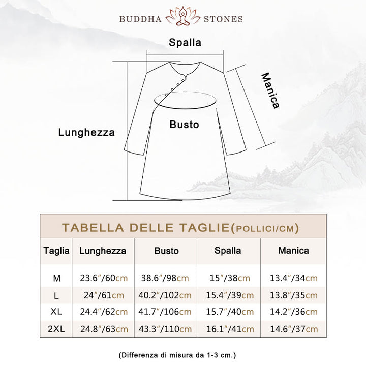 Camicia in cotone e lino con maniche a tre quarti, bottoni a rana, Buddha Stones, fiori blu, foglie arancioni - image 3