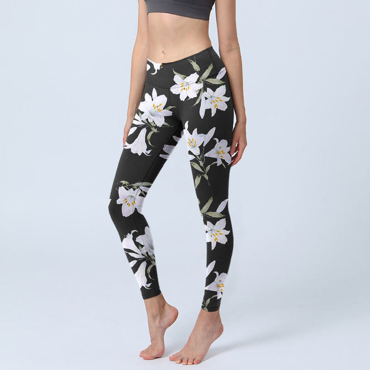 Leggings da palestra con stampa a motivo di foglie di Buddha Stones nero, pantaloni da yoga da donna