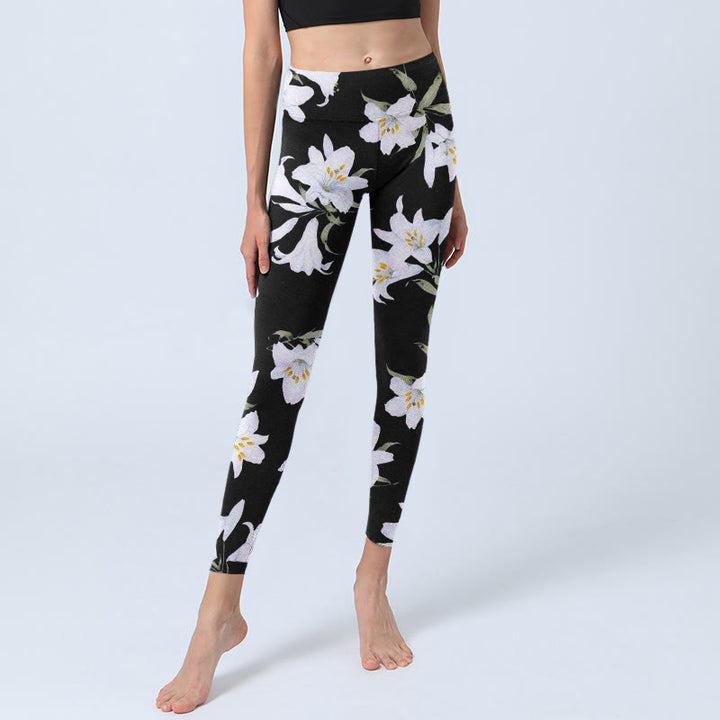 Leggings da palestra con stampa a motivo di foglie di Buddha Stones nero, pantaloni da yoga da donna